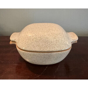 Vintage Glidden Pottery Lidded Casserole Dish Speckled Cream Glaze